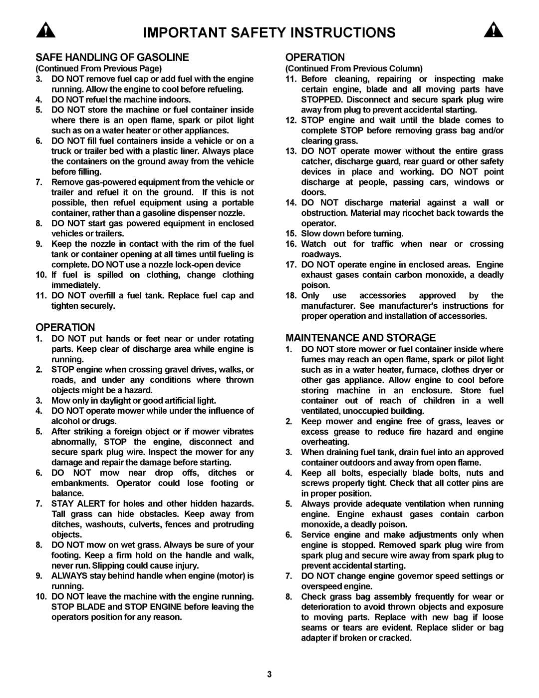 Snapper ESPV21, ESPV21S important safety instructions From Previous, Do not refuel the machine indoors 