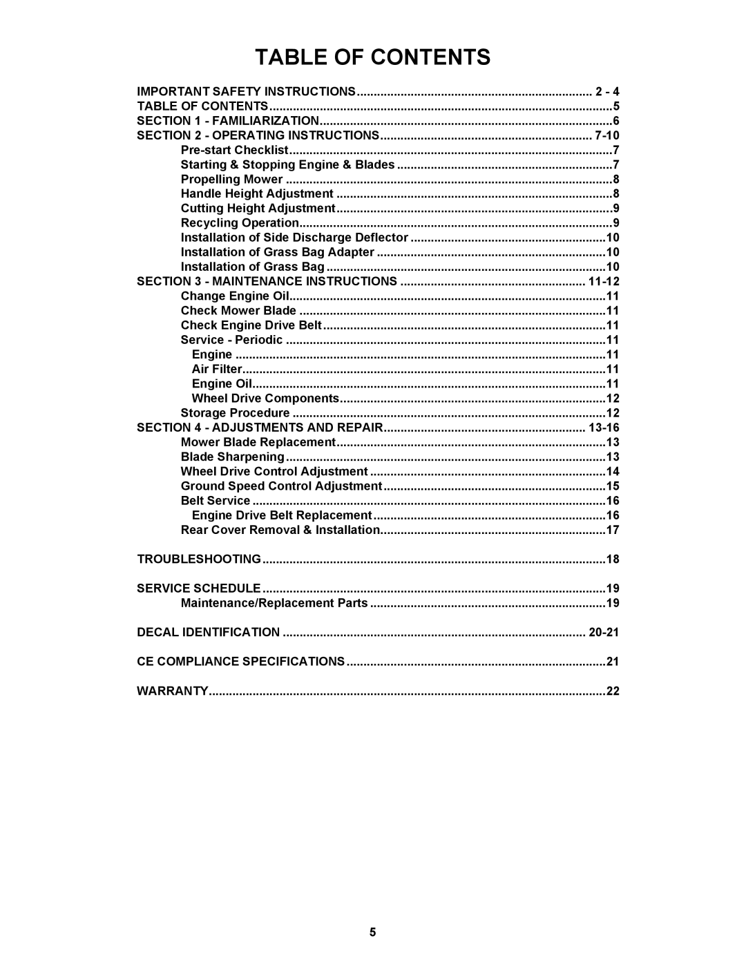 Snapper ESPV21, ESPV21S important safety instructions Table of Contents 