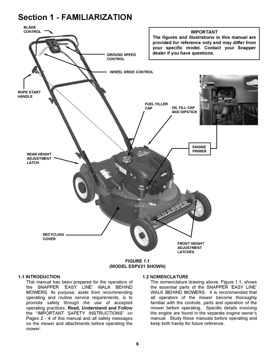 Snapper ESPV21, ESPV21S important safety instructions Familiarization, Model ESPV21 Shown Introduction, Nomenclature 