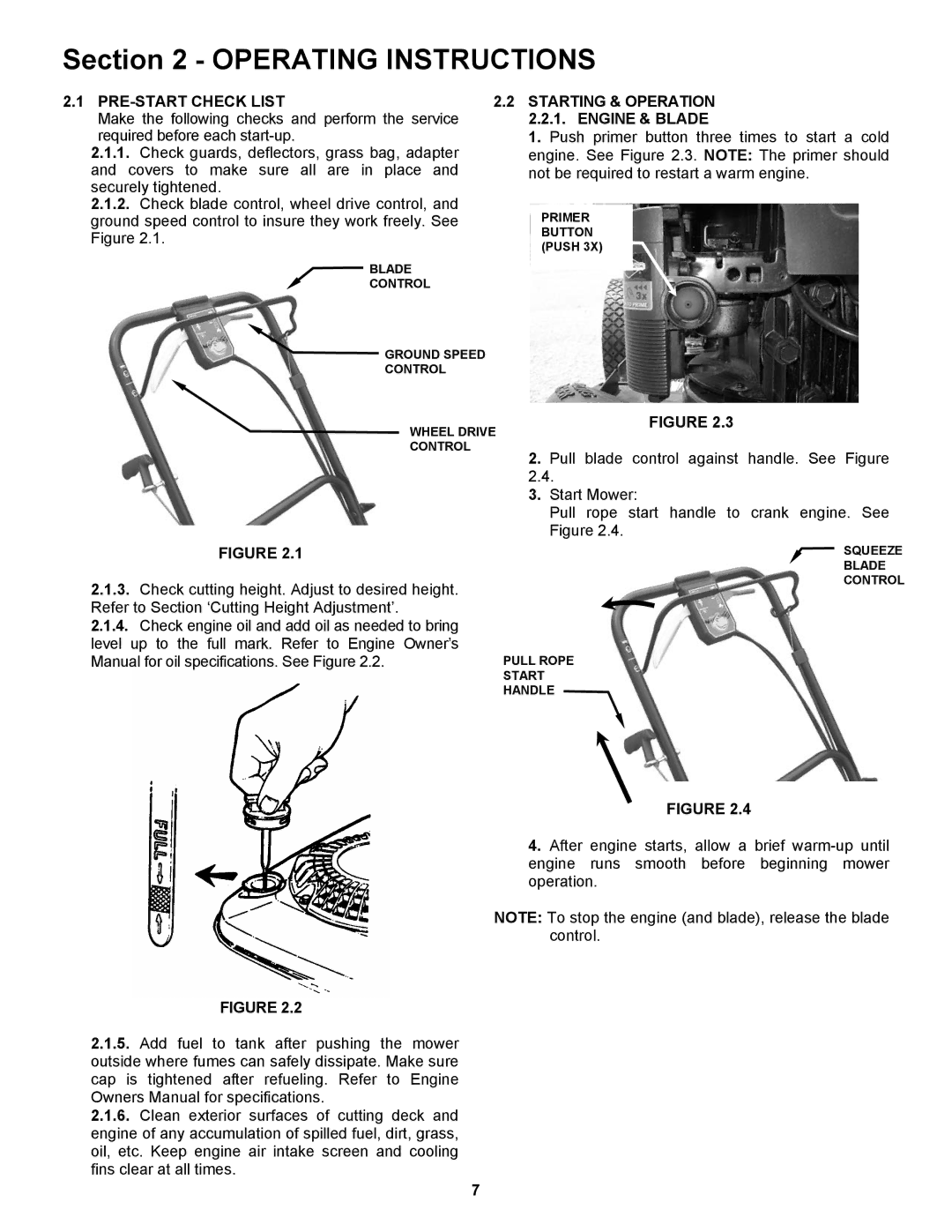 Snapper ESPV21, ESPV21S Operating Instructions, PRE-START Check List Starting & Operation, Engine & Blade 