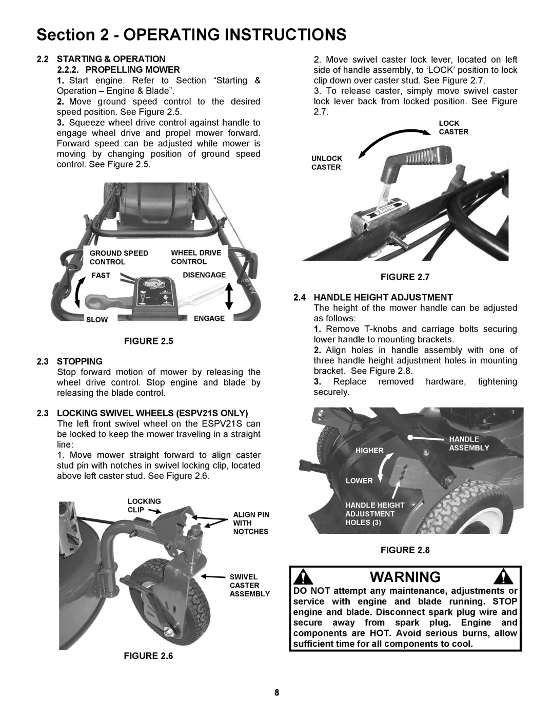 Snapper ESPV21, ESPV21S Starting & Operation Propelling Mower, Stopping, Handle Height Adjustment 