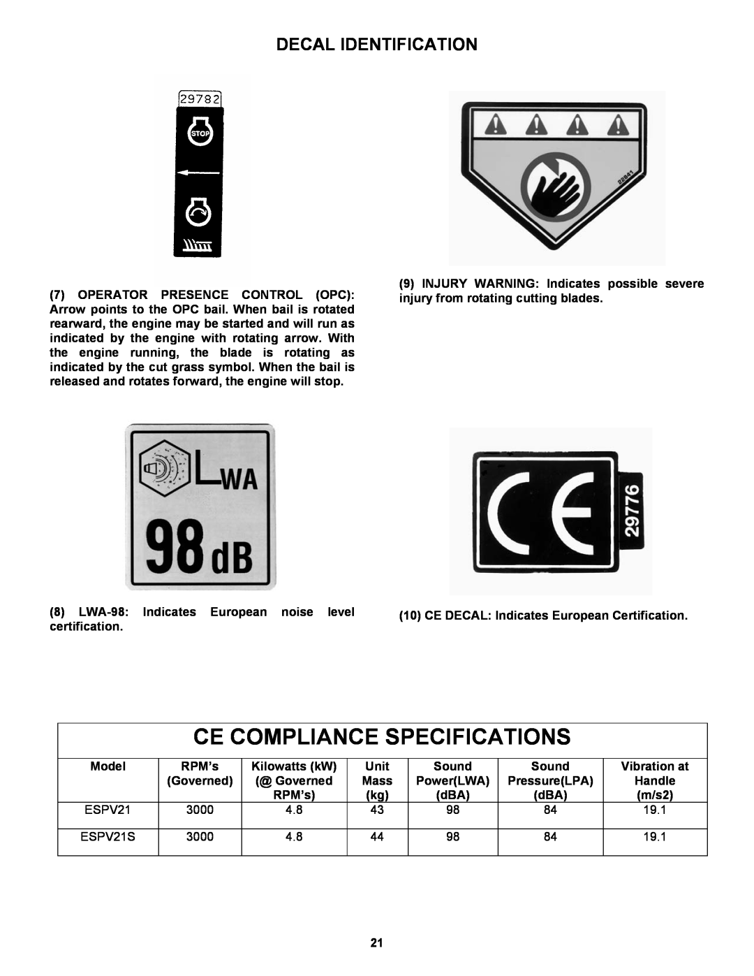 Snapper ESPV21, ESPV21S important safety instructions Ce Compliance Specifications, Decal Identification 