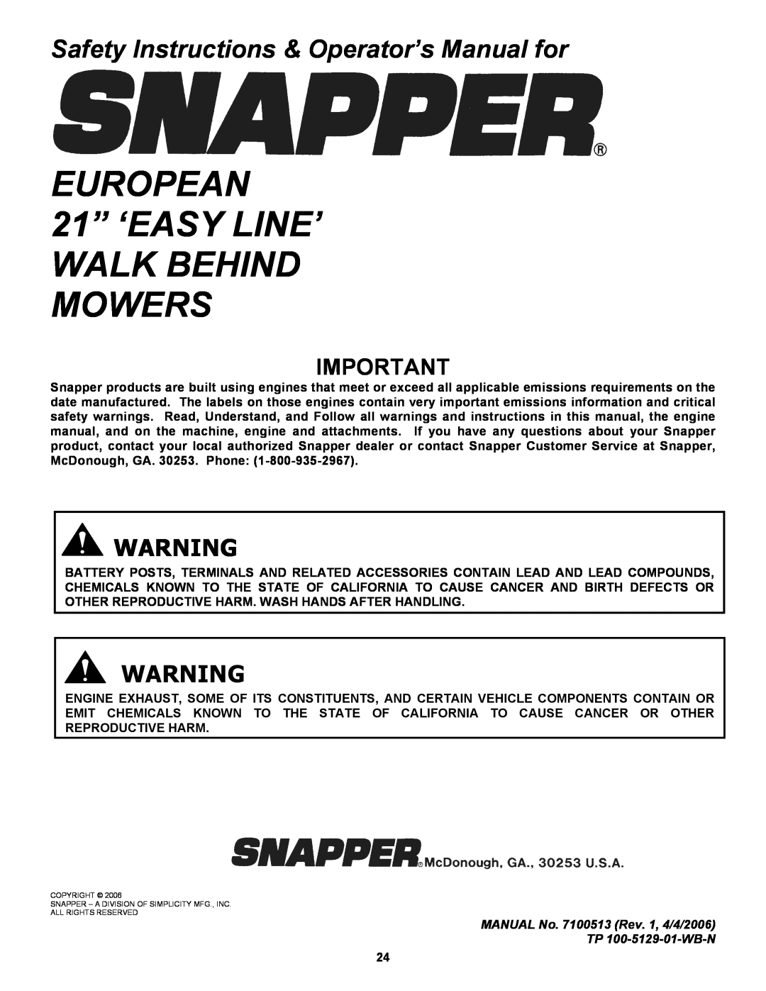 Snapper ESPV21, ESPV21S EUROPEAN 21” ‘EASY LINE’ WALK BEHIND MOWERS, Safety Instructions & Operator’s Manual for 