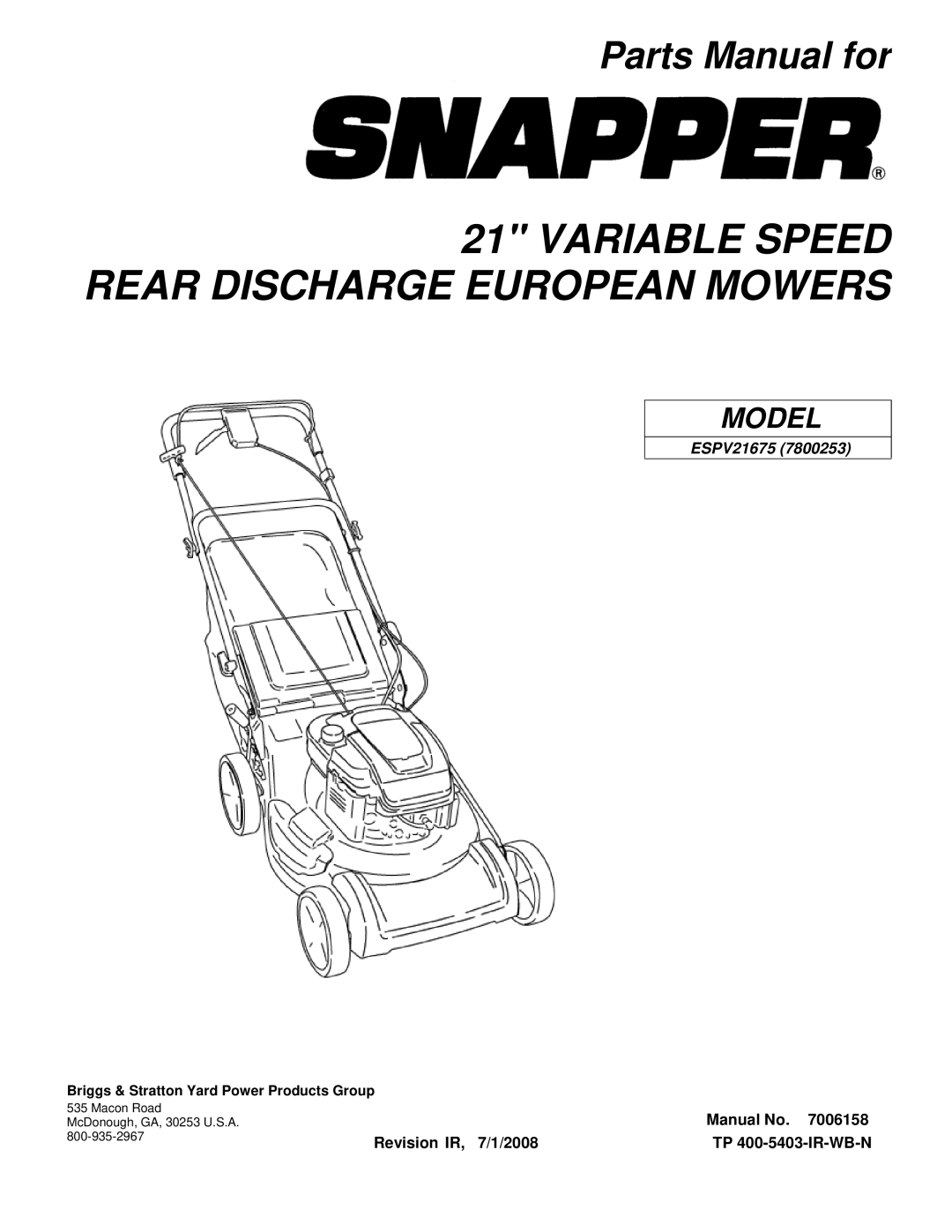 Snapper ESPV21675 (7800253) manual Variable Speed Rear Discharge European Mowers 