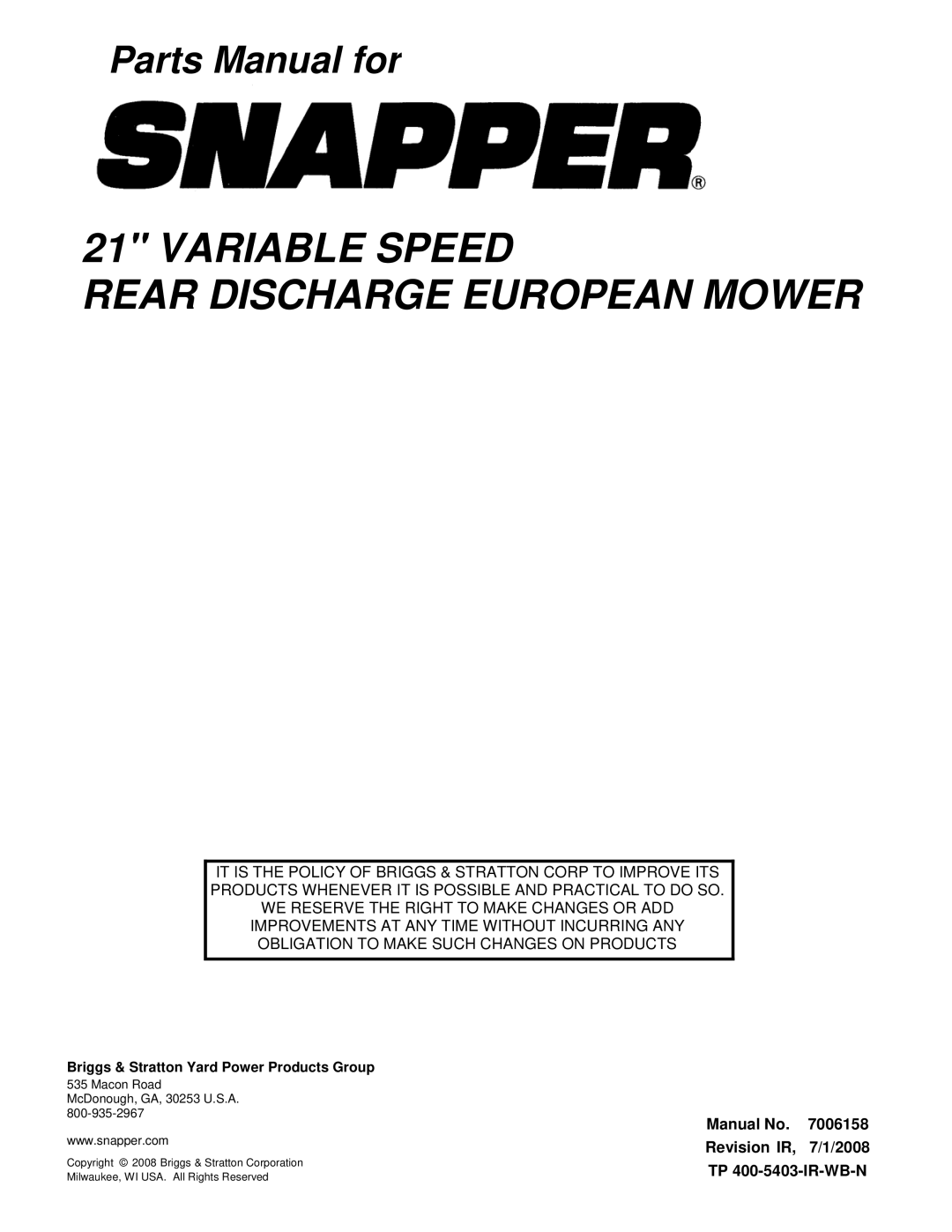 Snapper ESPV21675 (7800253) manual Variable Speed Rear Discharge European Mower 