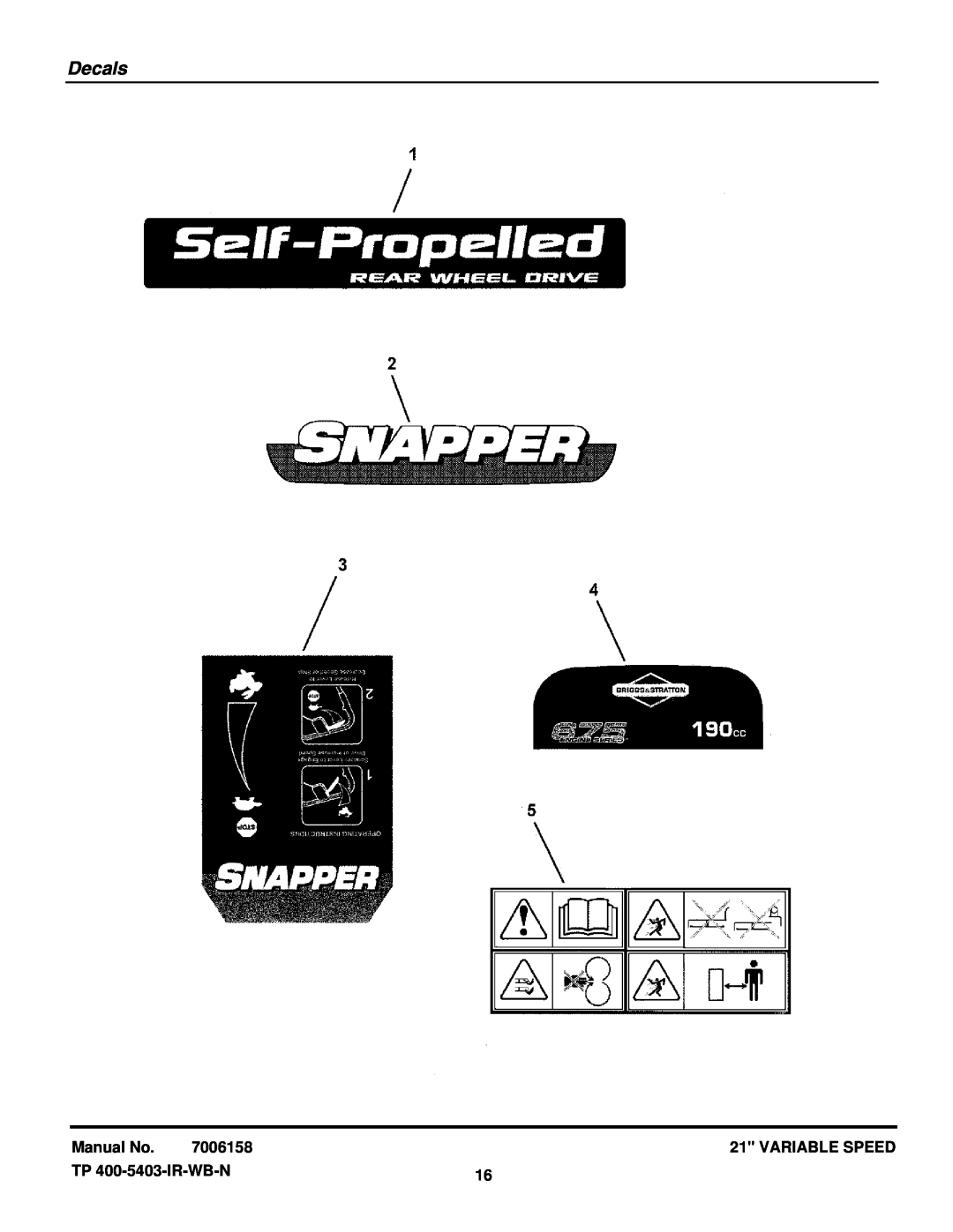 Snapper ESPV21675 (7800253) manual Decals, Manual No, 7006158, Variable Speed, TP 400-5403-IR-WB-N 