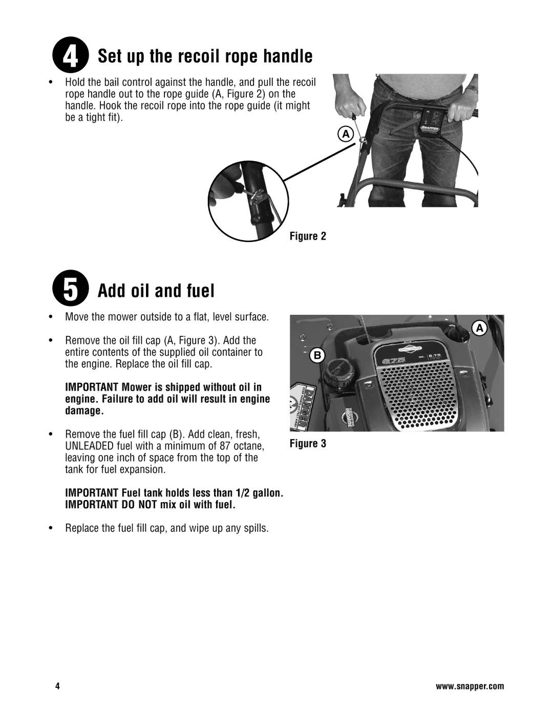 Snapper ESPV21675 manual Set up the recoil rope handle, Add oil and fuel 