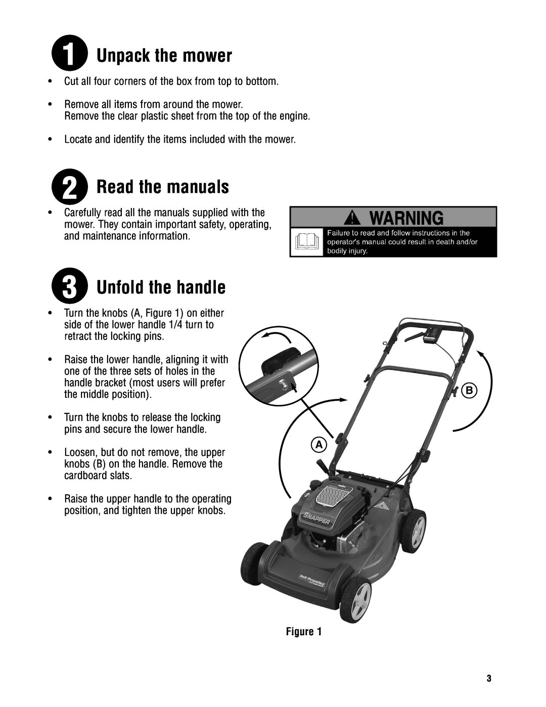 Snapper ESPV21675 Unpack the mower, Read the manuals, Unfold the handle 