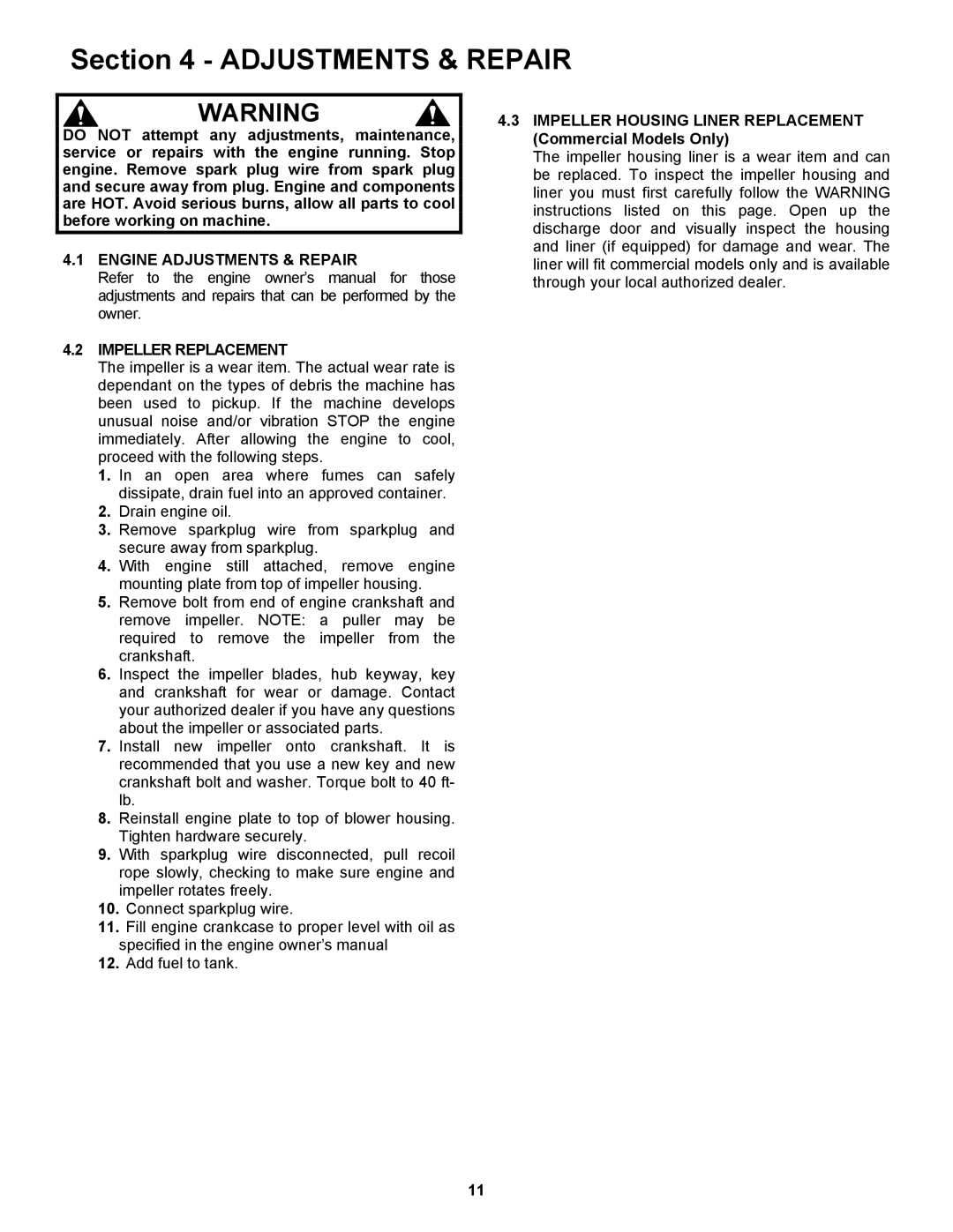 Snapper ESV25650B important safety instructions Engine Adjustments & Repair Impeller Replacement 