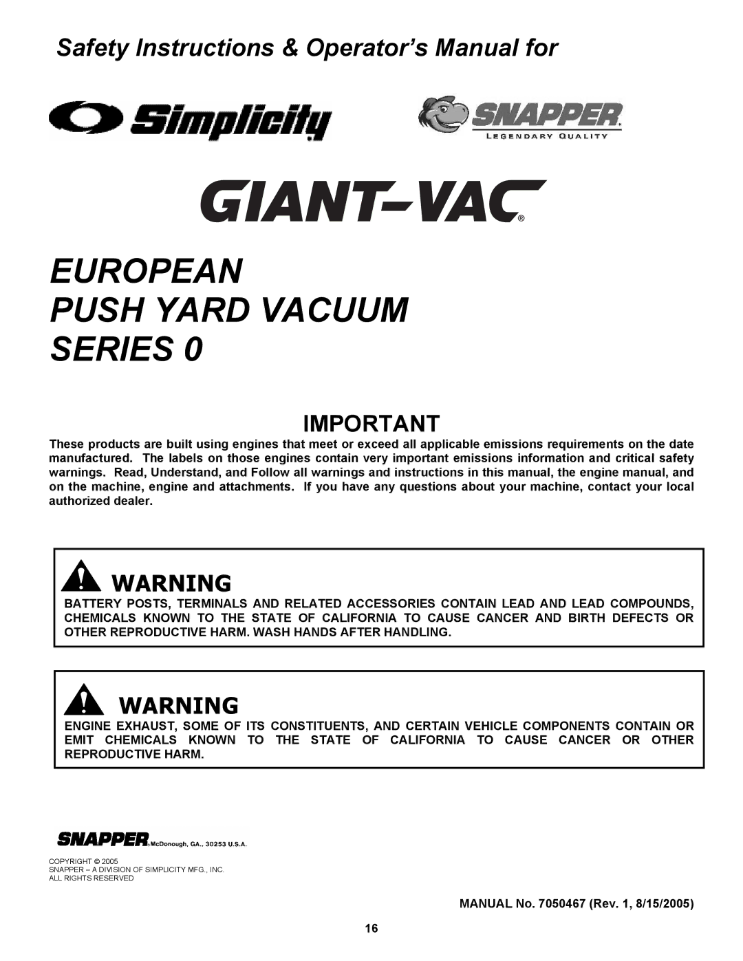 Snapper ESV25650B important safety instructions European Push Yard Vacuum Series 