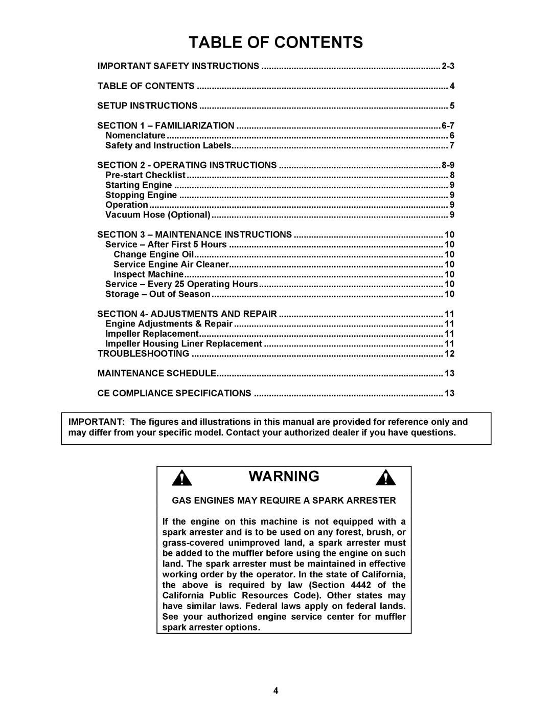 Snapper ESV25650B important safety instructions Table of Contents 