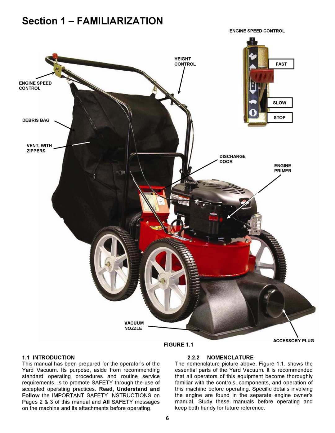 Snapper ESV25650B important safety instructions Familiarization, Introduction, Nomenclature 