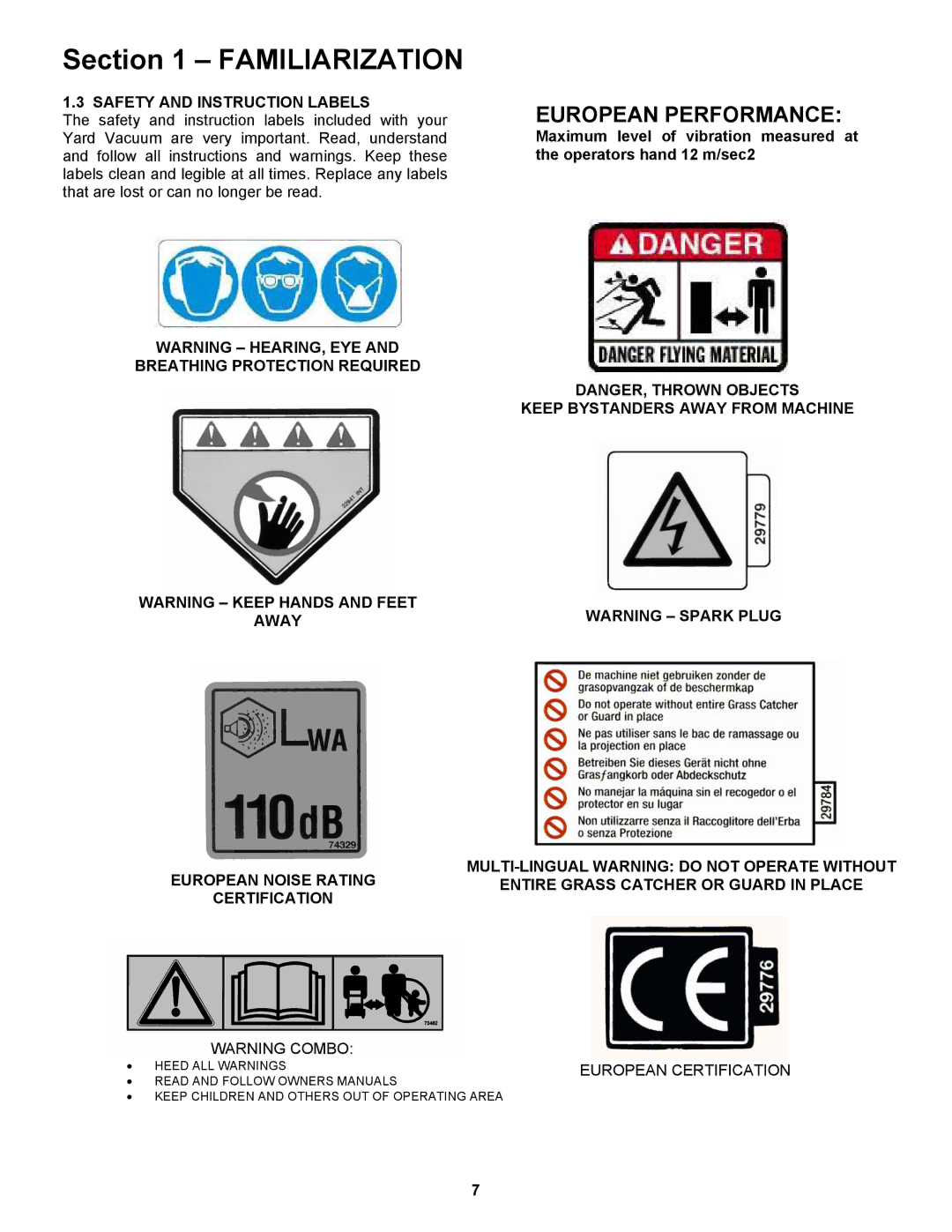 Snapper ESV25650B important safety instructions European Performance, Safety and Instruction Labels 