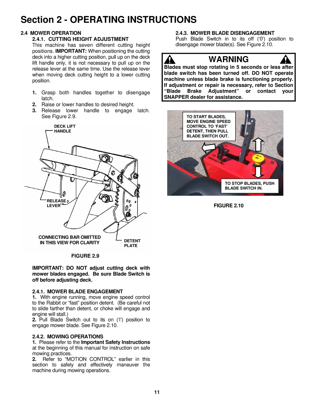 Snapper ESZT18336BVE Mower Operation Cutting Height Adjustment, Mower Blade Engagement, Mowing Operations 