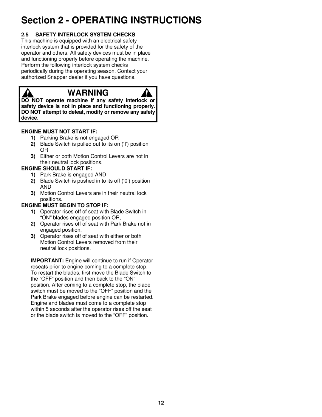 Snapper ESZT18336BVE Engine Must not Start if, Engine should Start if, Engine Must Begin to Stop if 