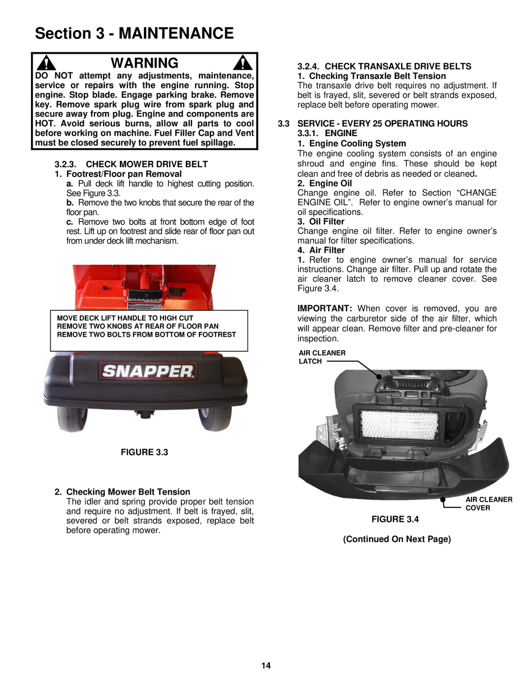 Snapper ESZT18336BVE Checking Mower Belt Tension, Service Every 25 Operating Hours, Engine Engine Cooling System, On Next 