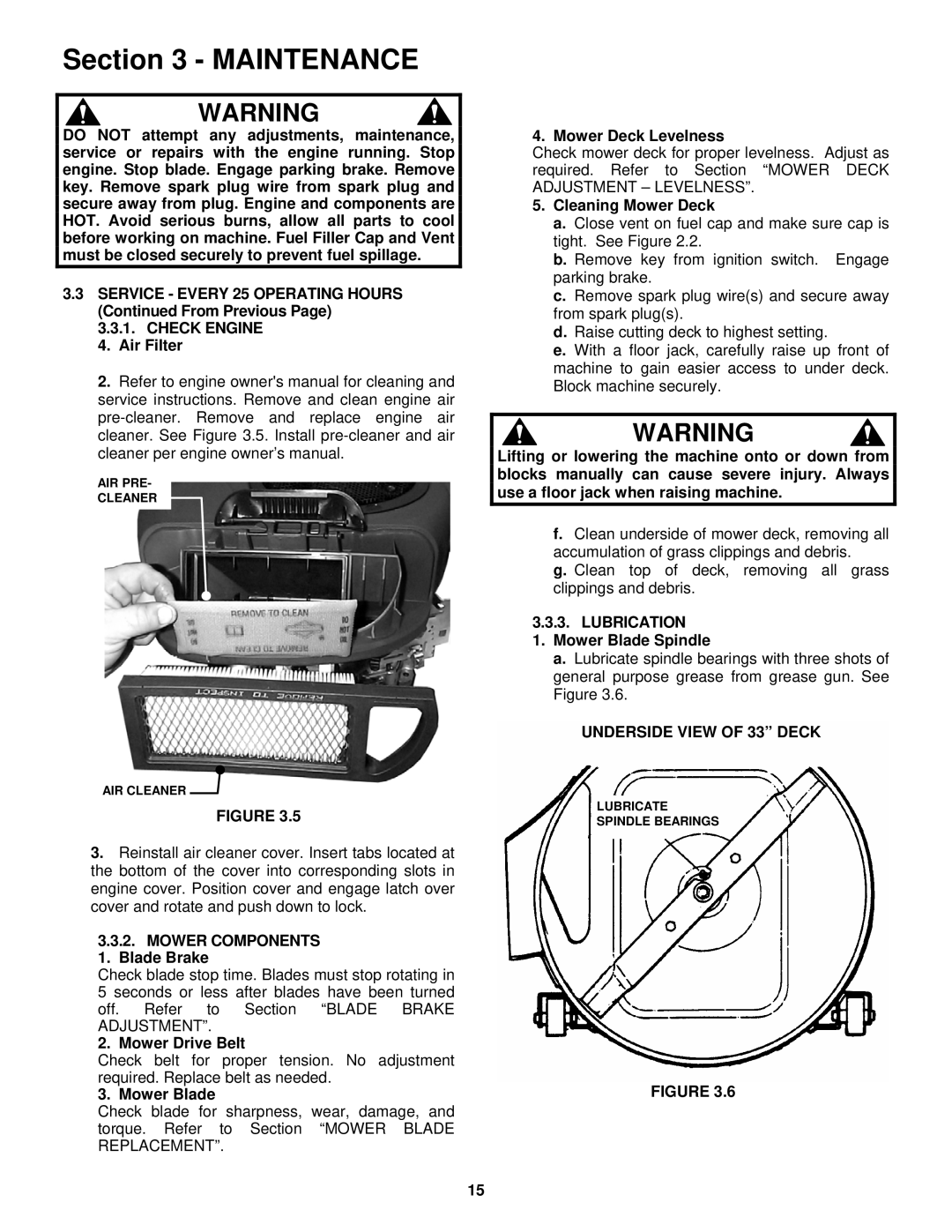 Snapper ESZT18336BVE important safety instructions Check Engine, Mower Components, Lubrication, Underside View of 33 Deck 