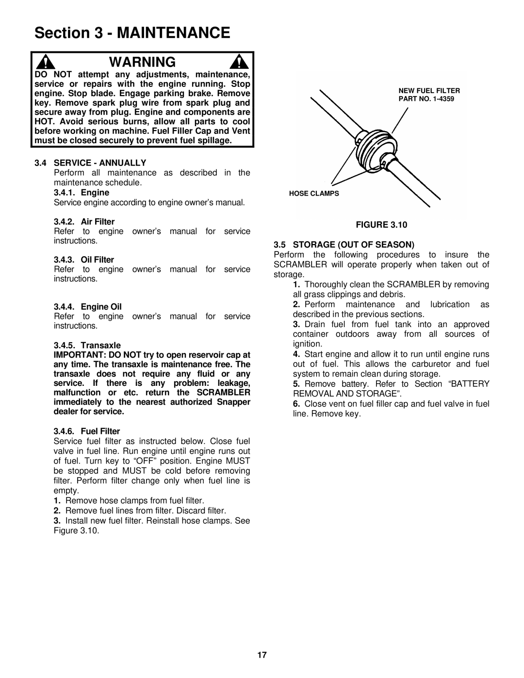 Snapper ESZT18336BVE important safety instructions Service Annually, Storage OUT of Season 