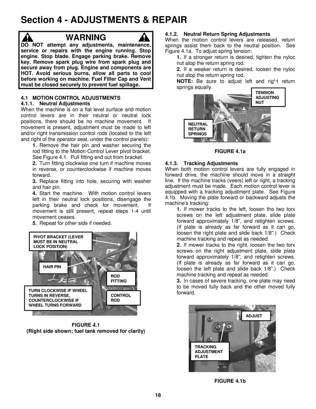 Snapper ESZT18336BVE important safety instructions Motion Control Adjustments, Neutral Adjustments, Tracking Adjustments 