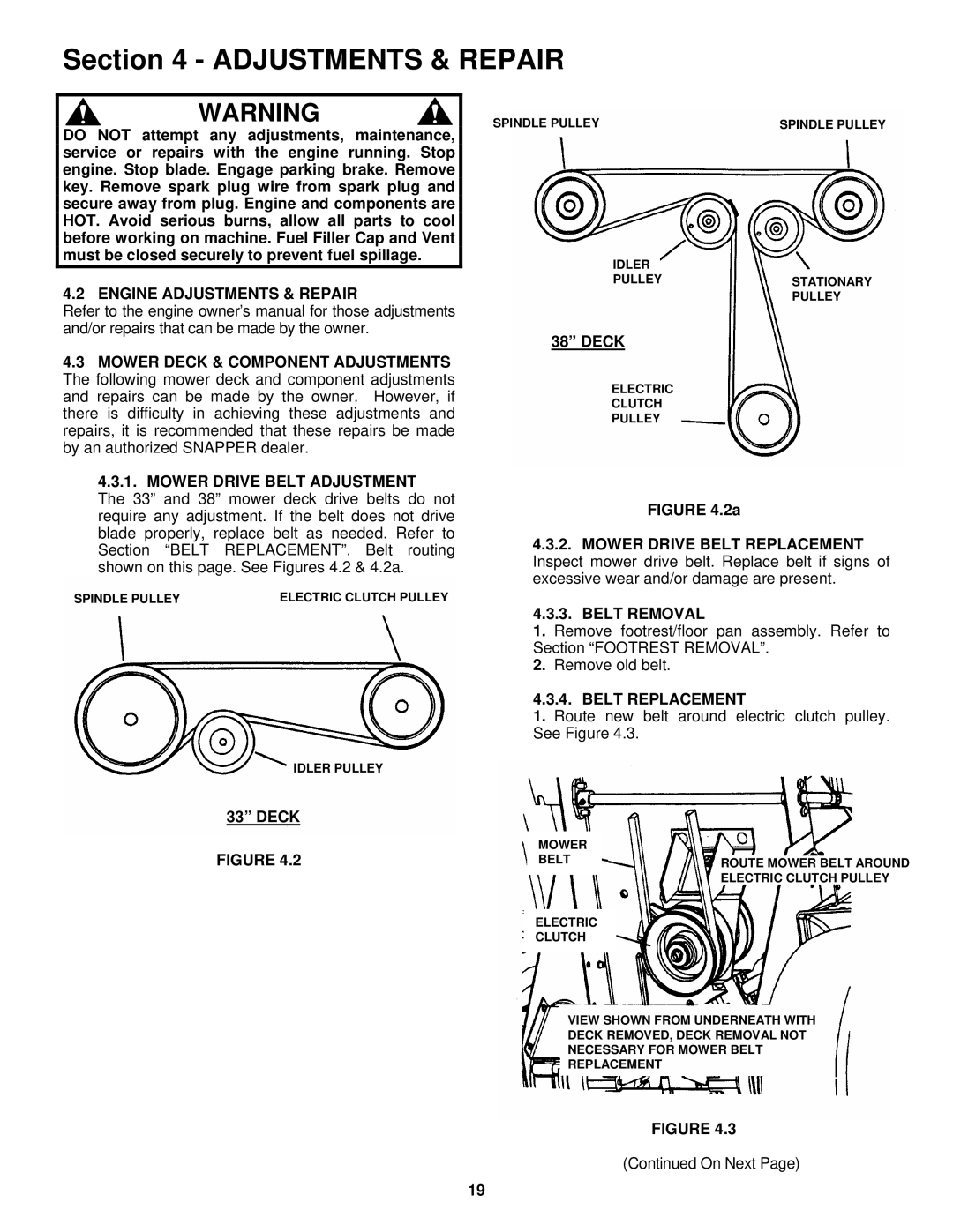 Snapper ESZT18336BVE Engine Adjustments & Repair, Mower Drive Belt Adjustment, Deck, Belt Removal, Belt Replacement 