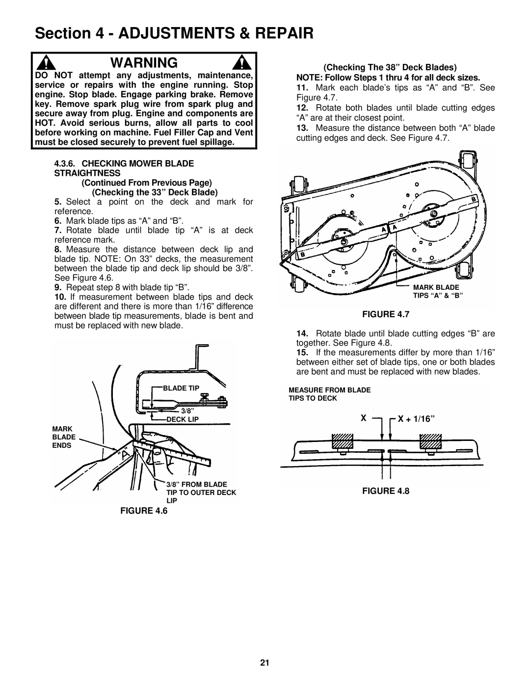 Snapper ESZT18336BVE important safety instructions From Previous Page Checking the 33 Deck Blade, + 1/16 