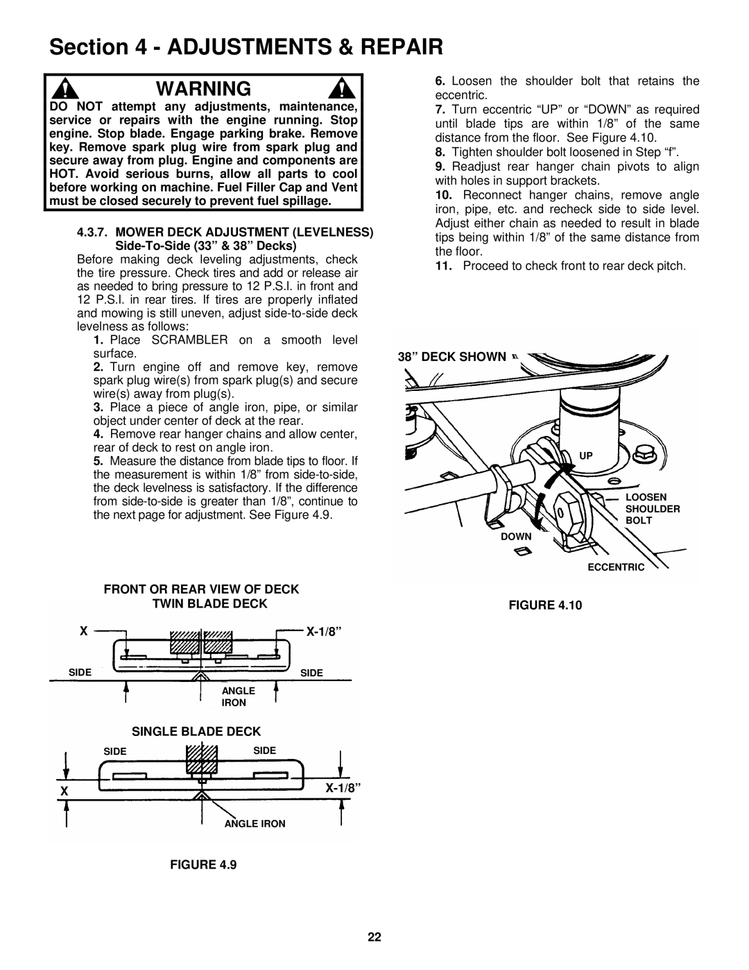 Snapper ESZT18336BVE important safety instructions Front or Rear View of Deck, Deck Shown 