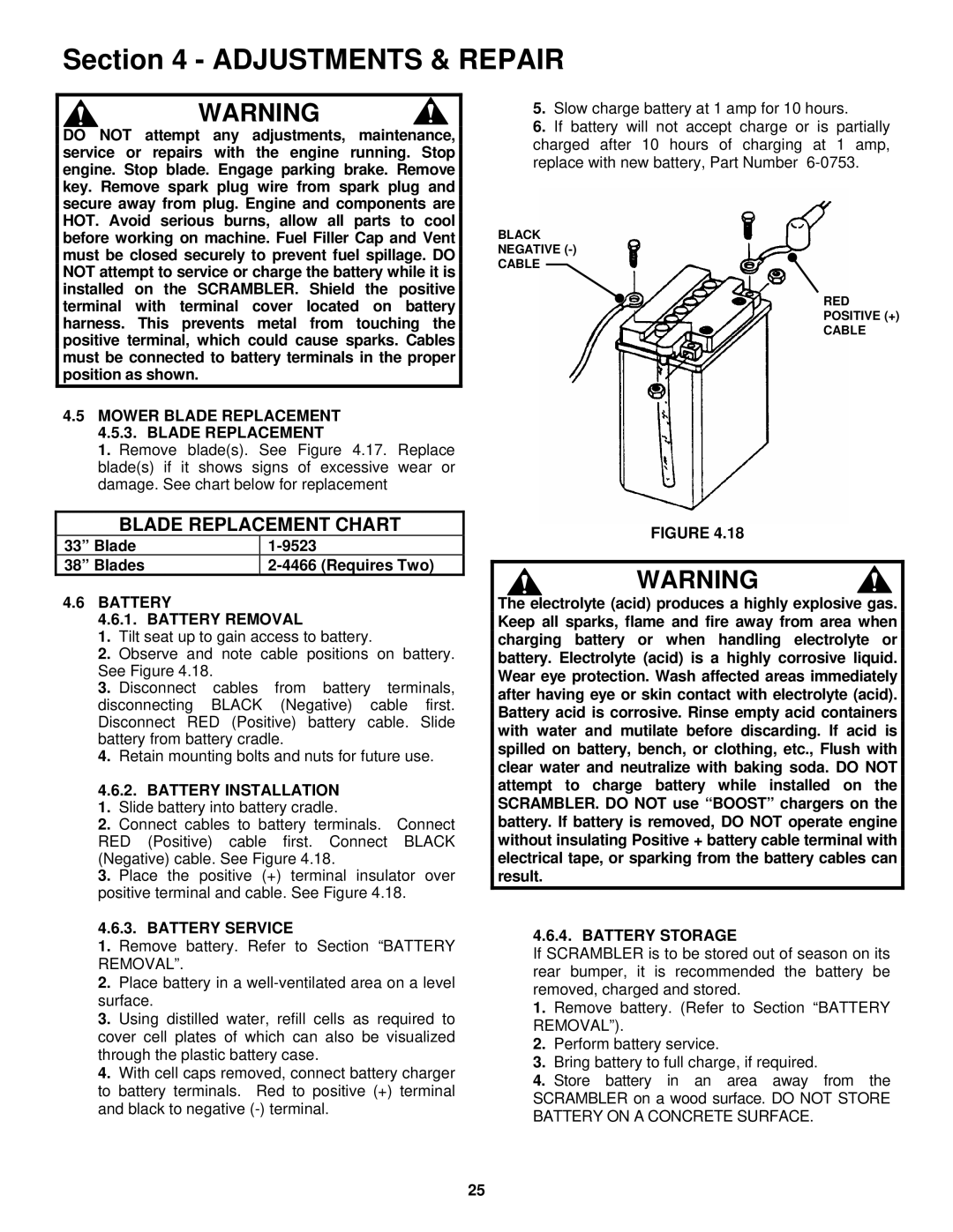 Snapper ESZT18336BVE Blade Replacement Chart, Mower Blade Replacement 4.5.3. Blade Replacement, Battery Battery Removal 