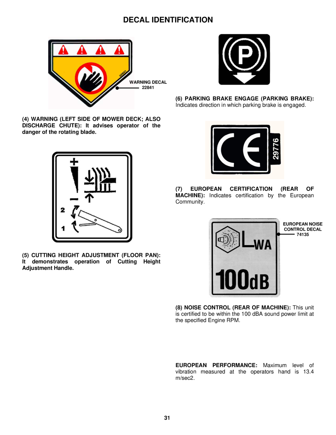 Snapper ESZT18336BVE important safety instructions European Noise Control Decal 