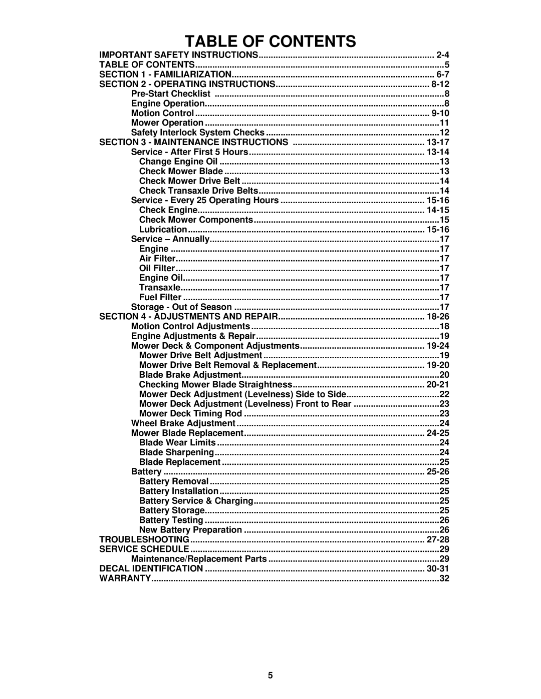 Snapper ESZT18336BVE important safety instructions Table of Contents 