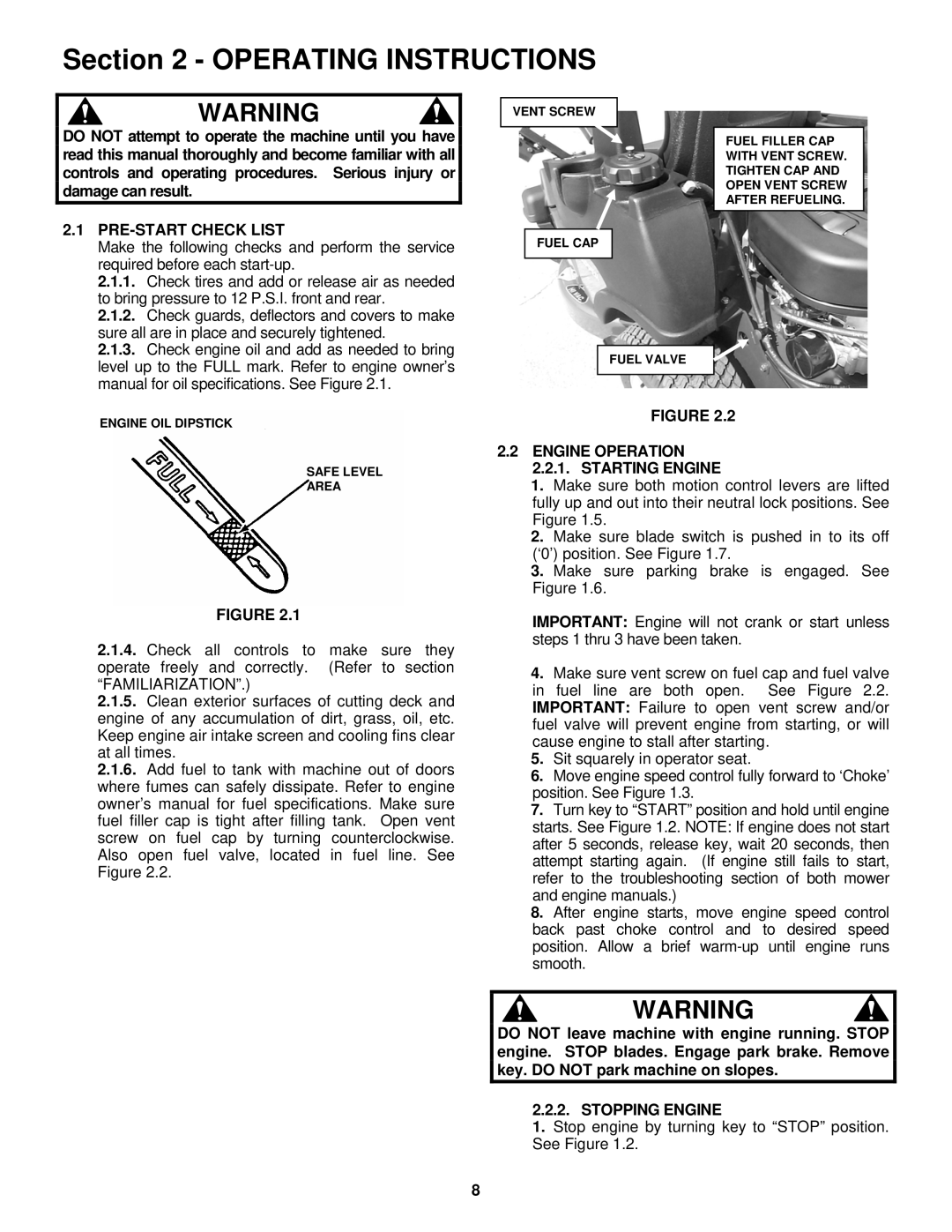 Snapper ESZT18336BVE PRE-START Check List, Engine Operation 2.2.1. Starting Engine, Stopping Engine 