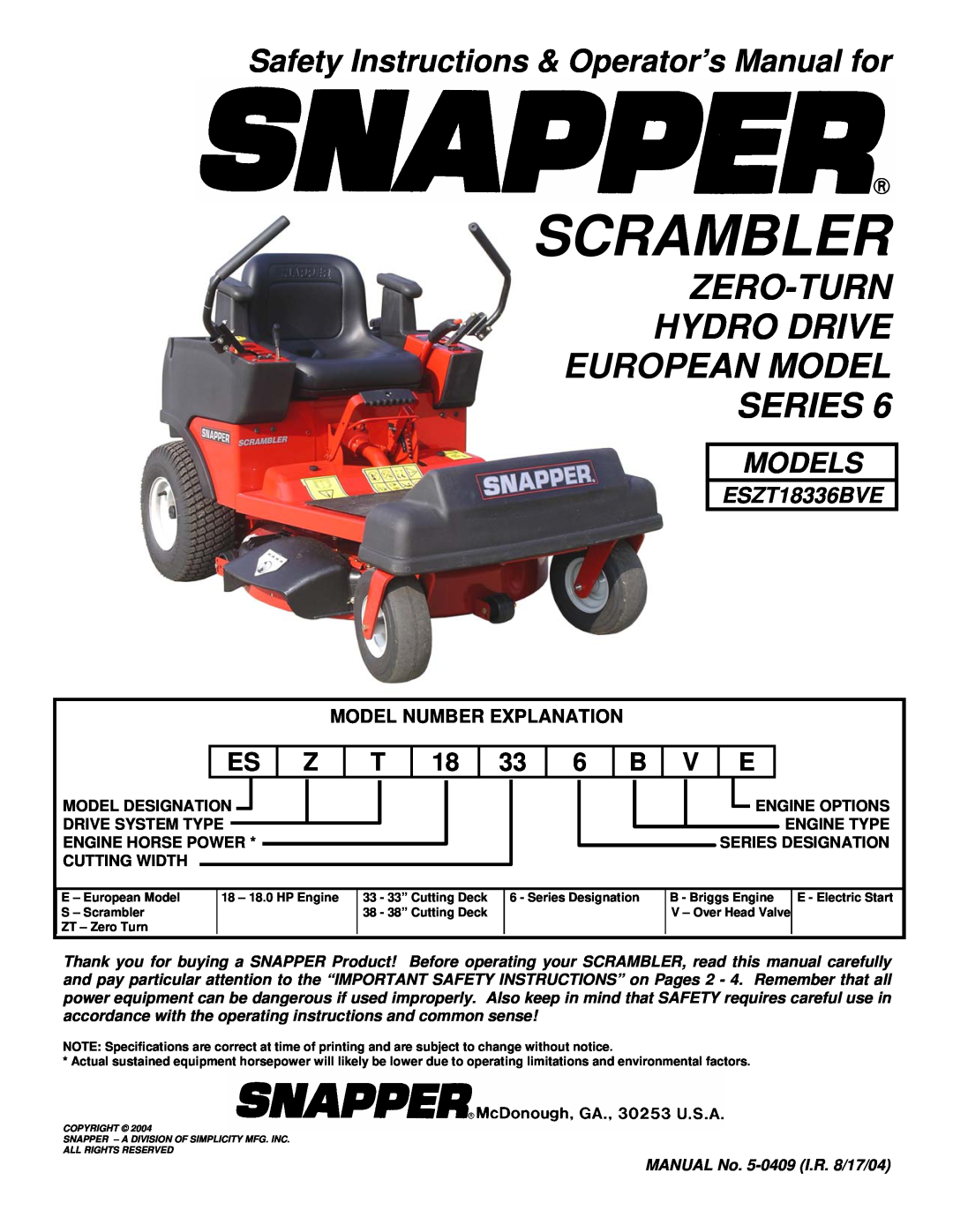 Snapper ESZT18336BVE important safety instructions Safety Instructions & Operator’s Manual for, Model Number Explanation 