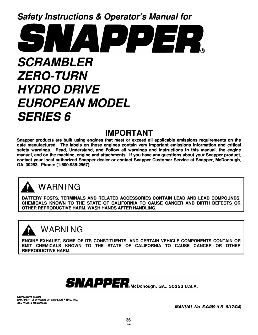 Snapper ESZT18336BVE Scrambler Zero-Turn Hydro Drive European Model Series, Safety Instructions & Operator’s Manual for 