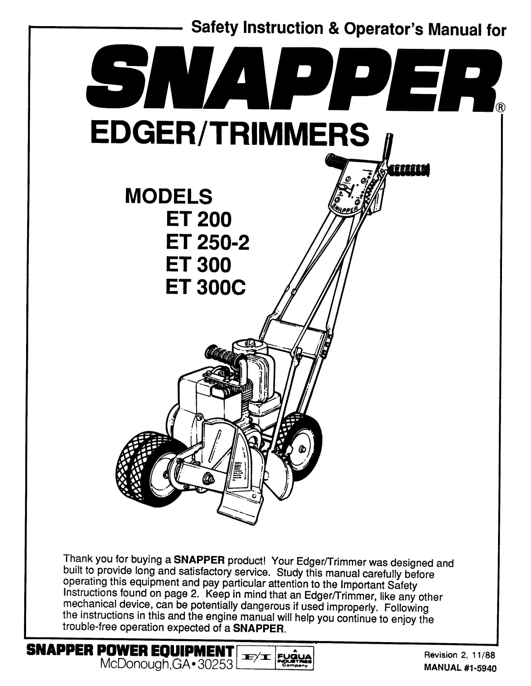 Snapper ET 200, ET 250-2, ET 300C manual 