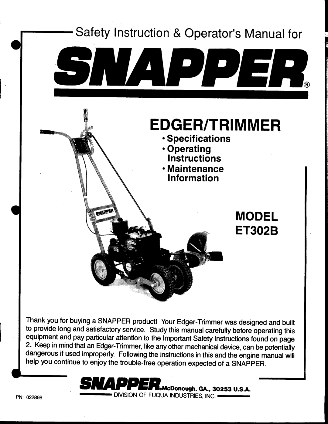 Snapper ET302B manual 