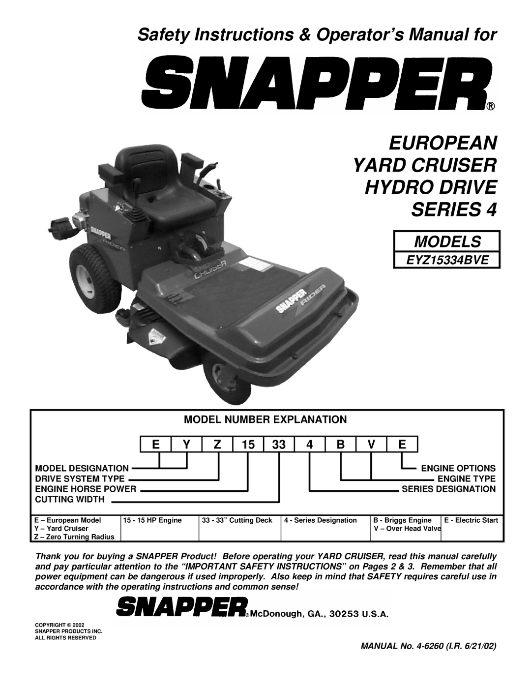 Snapper EYZ15334BVE important safety instructions European Yard Cruiser Hydro Drive Series 