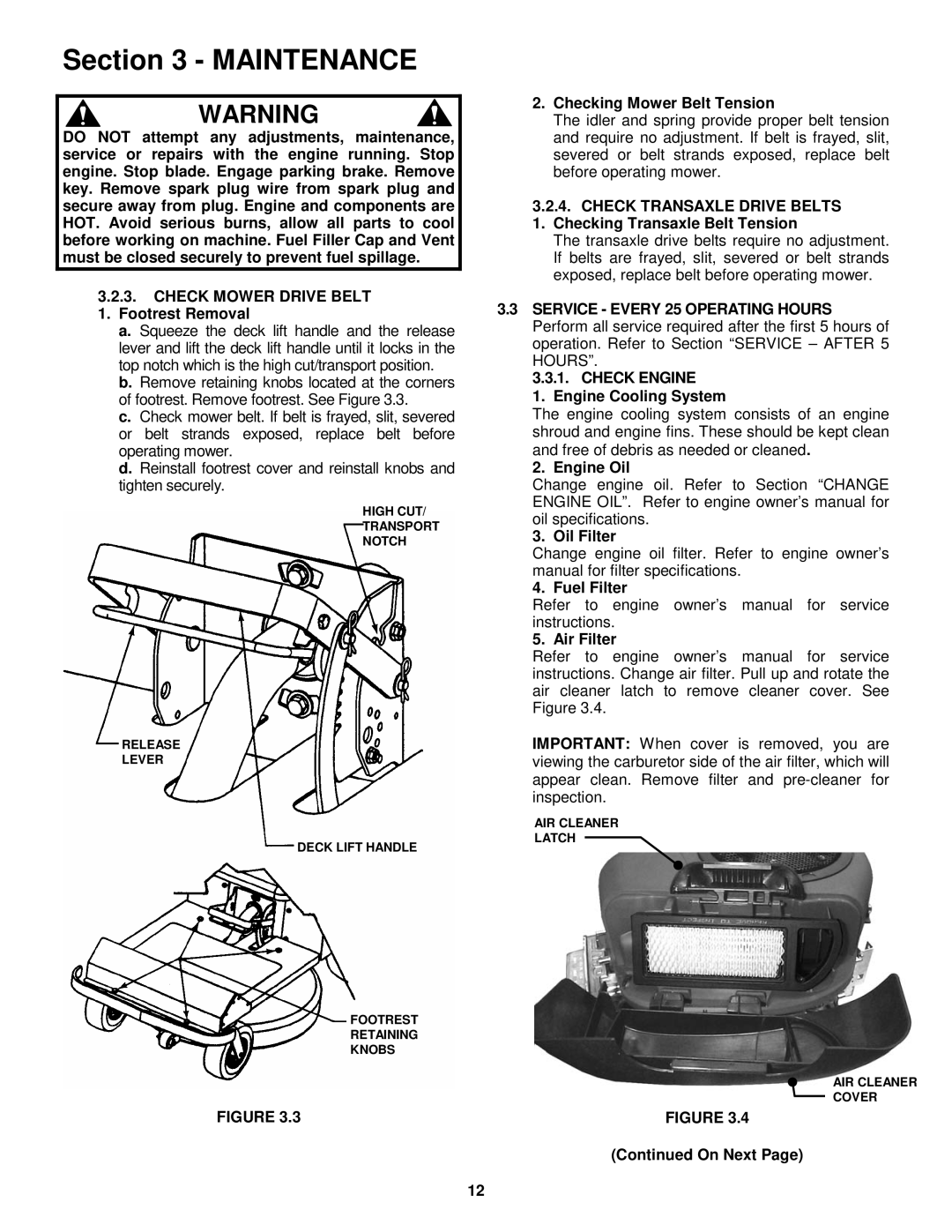 Snapper EYZ15334BVE important safety instructions Checking Mower Belt Tension, Check Engine, Engine Cooling System, On Next 