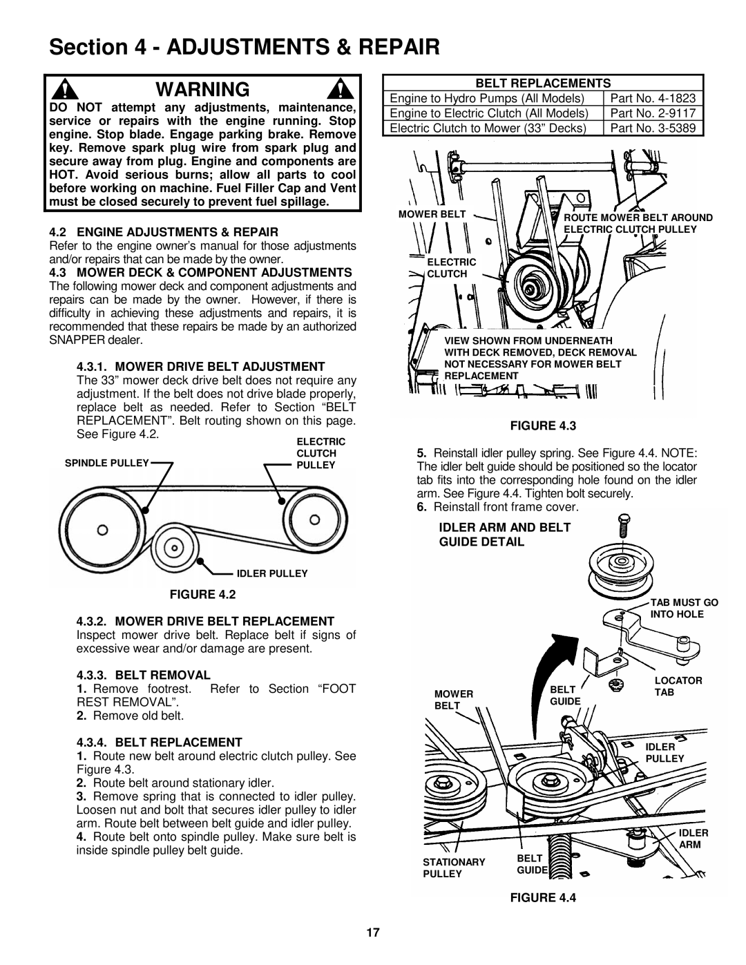 Snapper EYZ15334BVE Engine Adjustments & Repair, Mower Drive Belt Adjustment, Belt Removal, Belt Replacement 