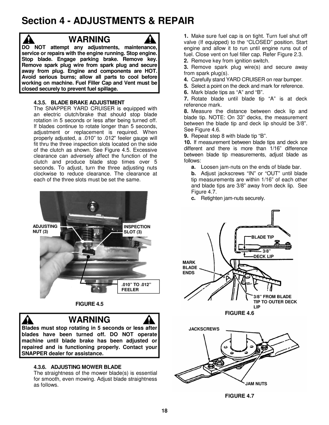 Snapper EYZ15334BVE important safety instructions Blade Brake Adjustment, Adjusting Mower Blade 