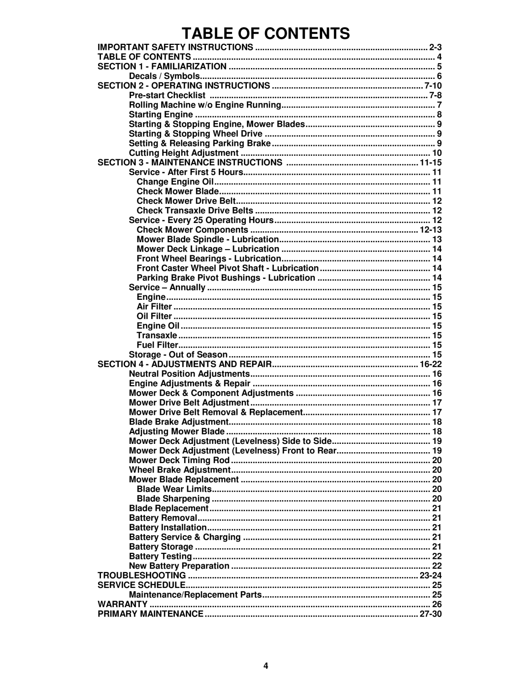 Snapper EYZ15334BVE important safety instructions Table of Contents 