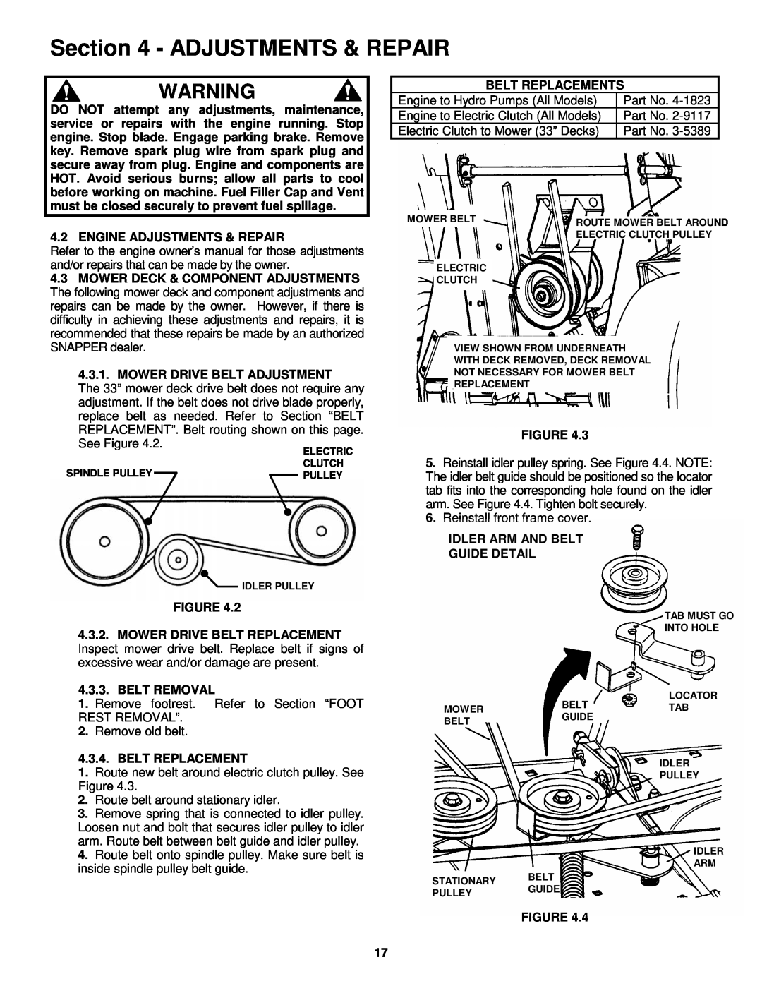 Snapper EYZ15334BVE important safety instructions Engine Adjustments & Repair 