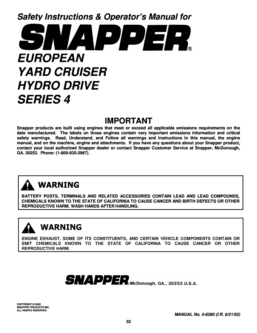 Snapper EYZ15334BVE European Yard Cruiser Hydro Drive Series, Safety Instructions & Operator’s Manual for 