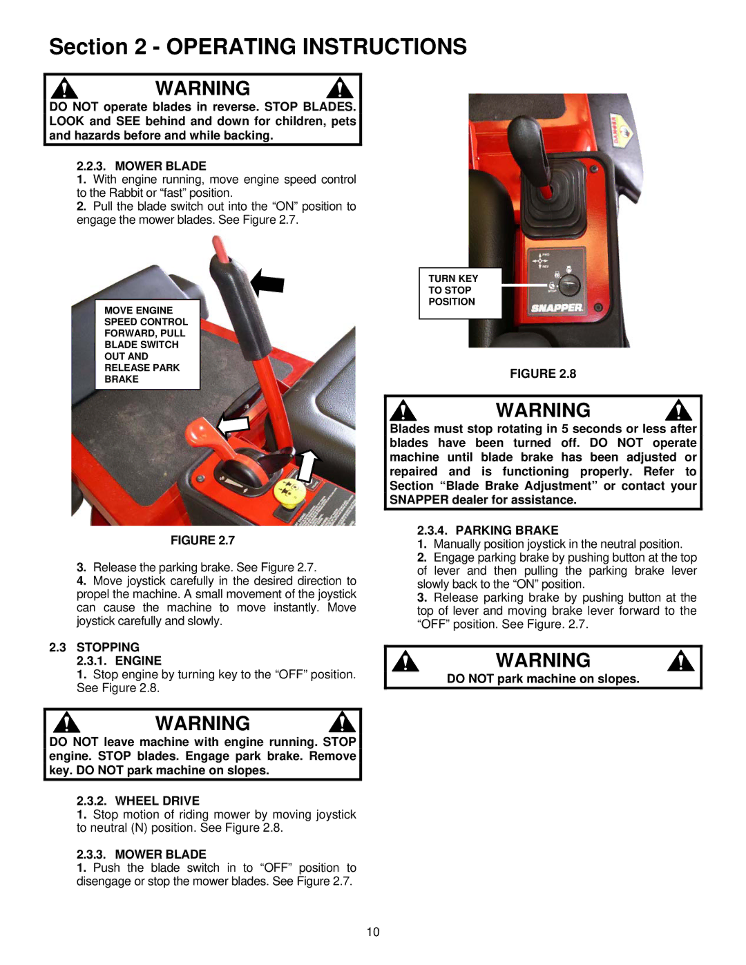 Snapper EYZ16335BVE important safety instructions Mower Blade, Stopping, Engine, Parking Brake, Wheel Drive 