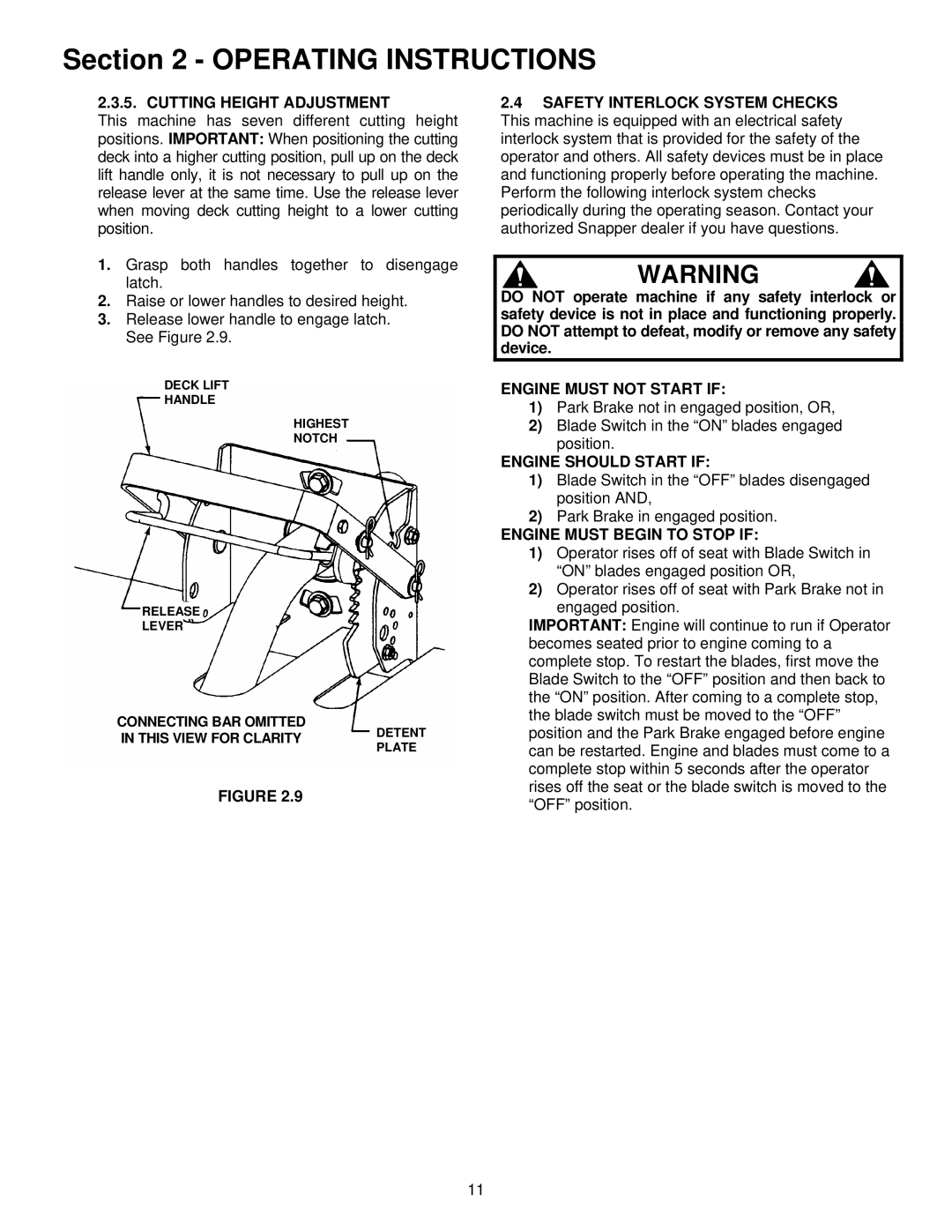 Snapper EYZ16335BVE Cutting Height Adjustment, Engine Must not Start if, Engine should Start if 