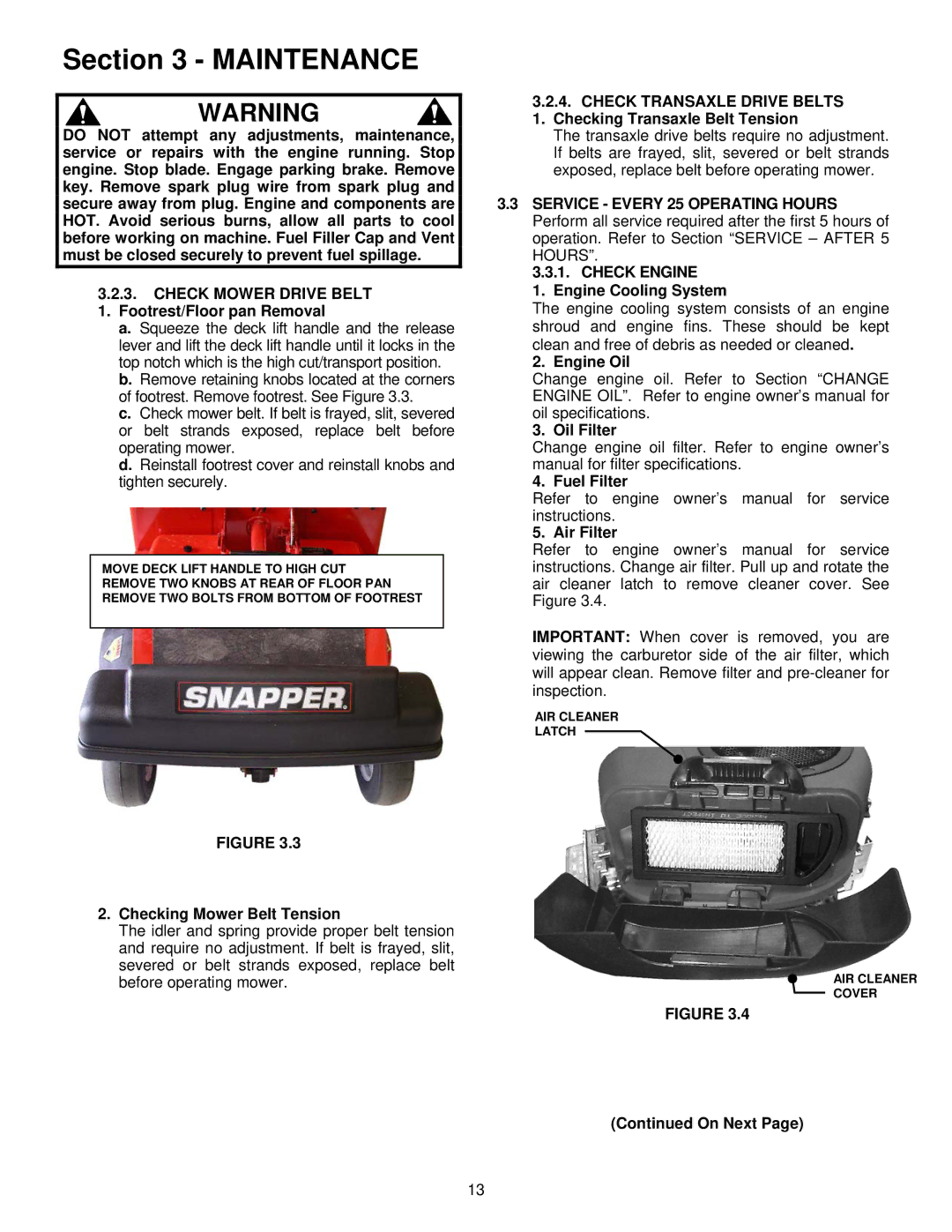 Snapper EYZ16335BVE important safety instructions Checking Mower Belt Tension, Check Engine, Engine Cooling System, On Next 