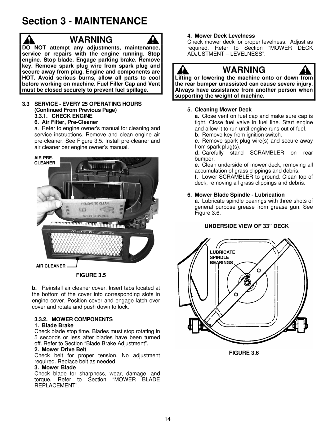 Snapper EYZ16335BVE important safety instructions Mower Components, Underside View of 33 Deck 