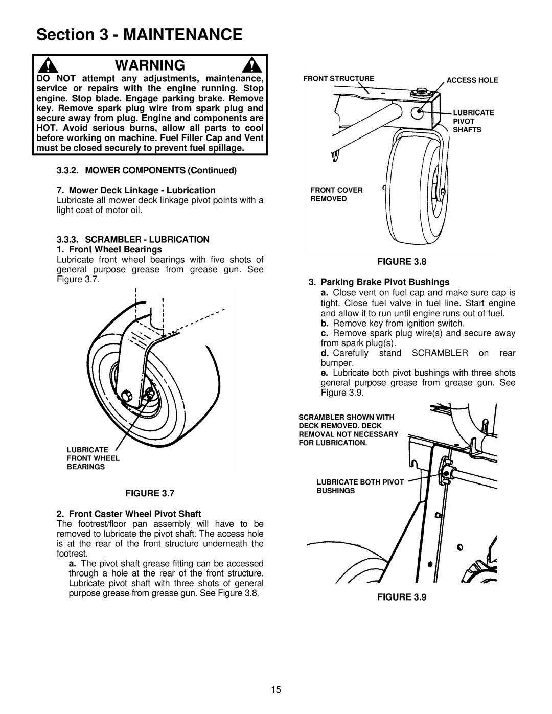 Snapper EYZ16335BVE Scrambler Lubrication 1. Front Wheel Bearings, Front Caster Wheel Pivot Shaft 