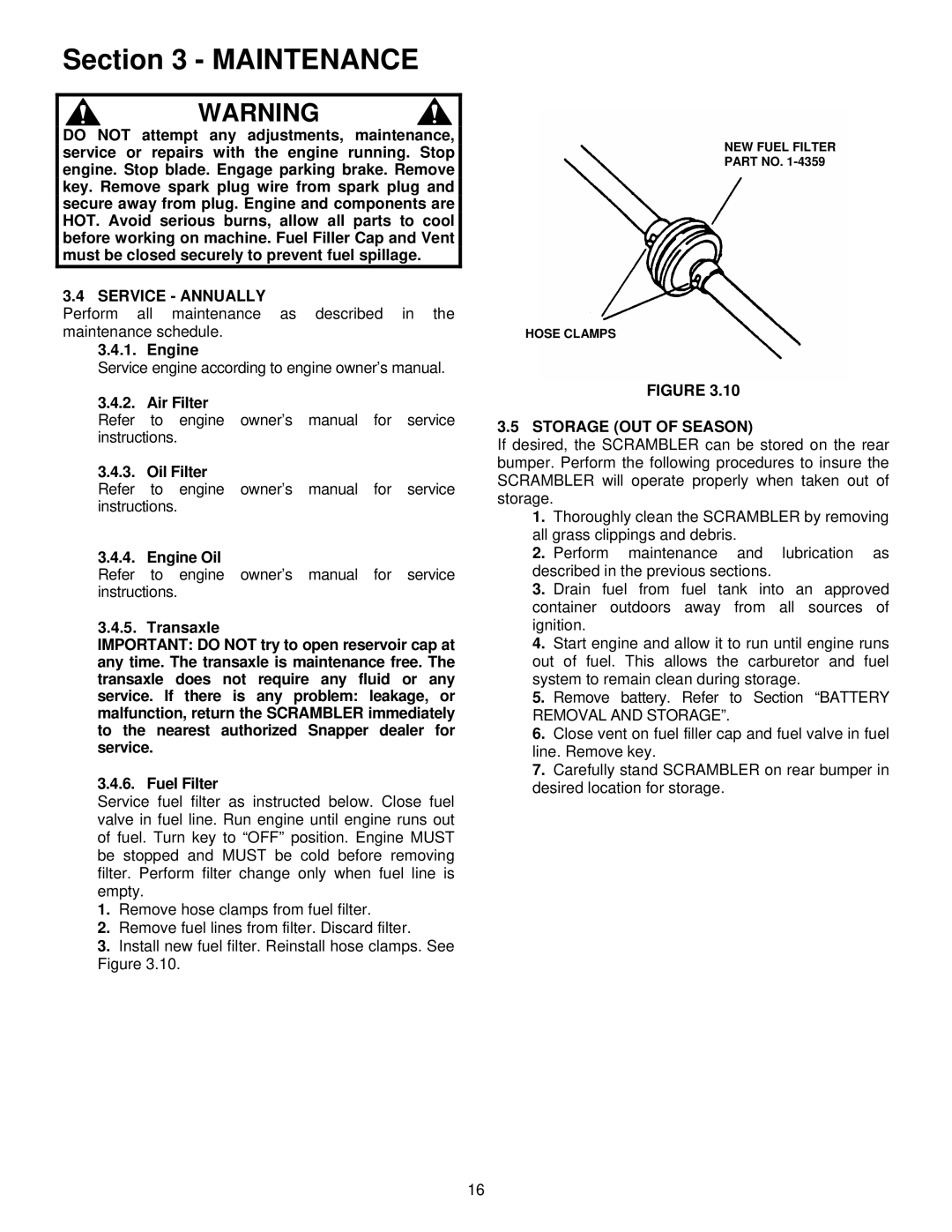 Snapper EYZ16335BVE important safety instructions Service Annually, Storage OUT of Season 