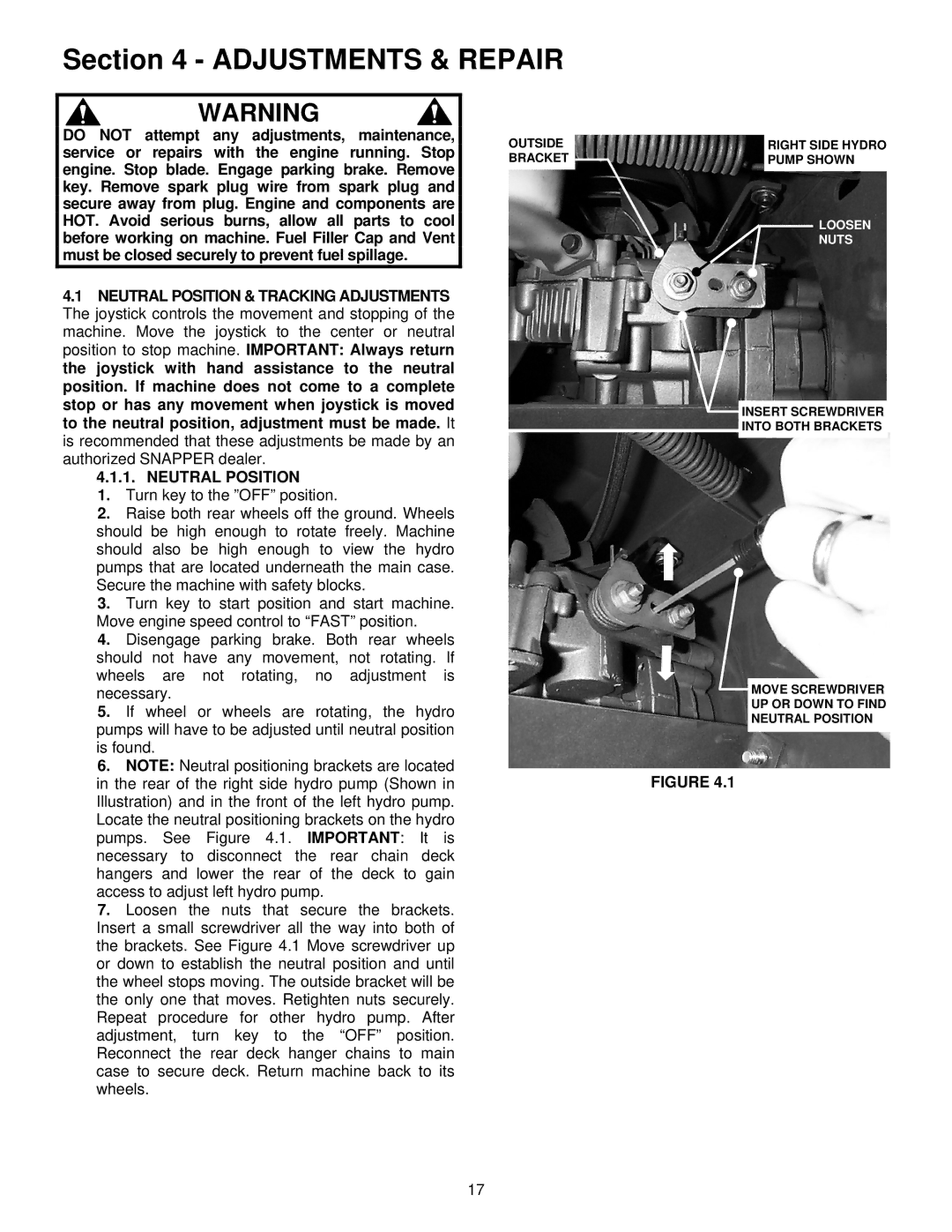 Snapper EYZ16335BVE Adjustments & Repair, Do not attempt any adjustments, maintenance, Neutral Position 