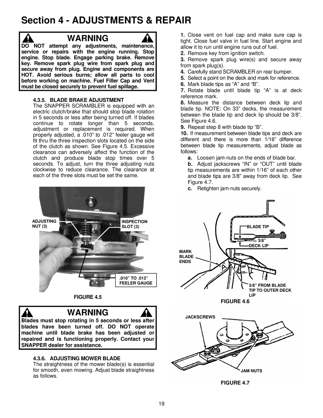 Snapper EYZ16335BVE important safety instructions Blade Brake Adjustment, Adjusting Mower Blade 