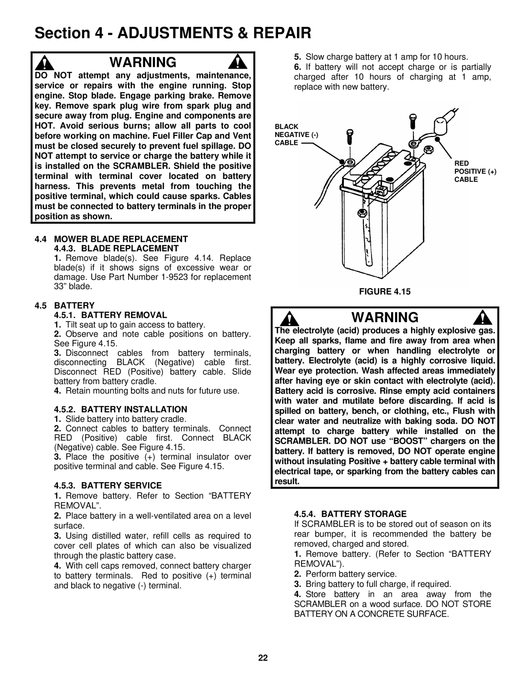 Snapper EYZ16335BVE Mower Blade Replacement 4.4.3. Blade Replacement, Battery Battery Removal, Battery Service 